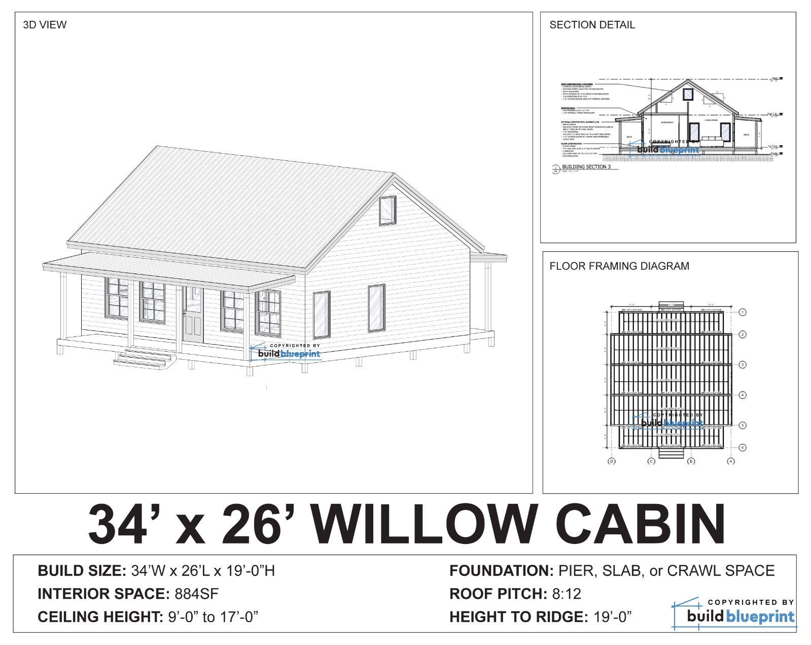 Modern 26′ x 34′ Willow Cabin Architectural Plans – PDF Download