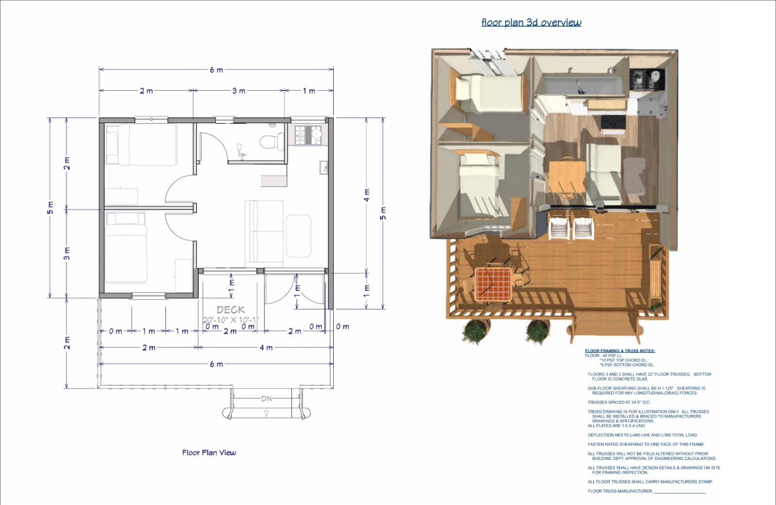 6x5m Tiny Home Plans – 2 Bedrooms, Washroom, Living Room, Mini Kitchen Design