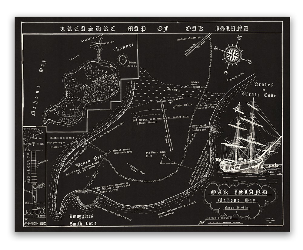 Oak Island Treasure Map Vintage Pirate Chart Nova Scotia Historic Wall Art