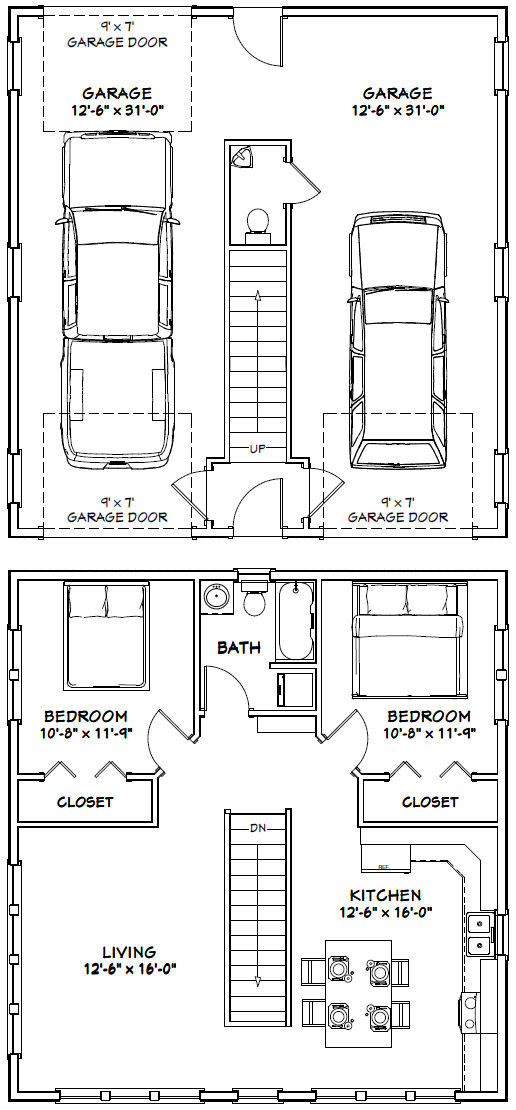 30×32 House — 2 bedroom 1.5 Bath — 961 sqft — PDF Floor Plan — Model 1
