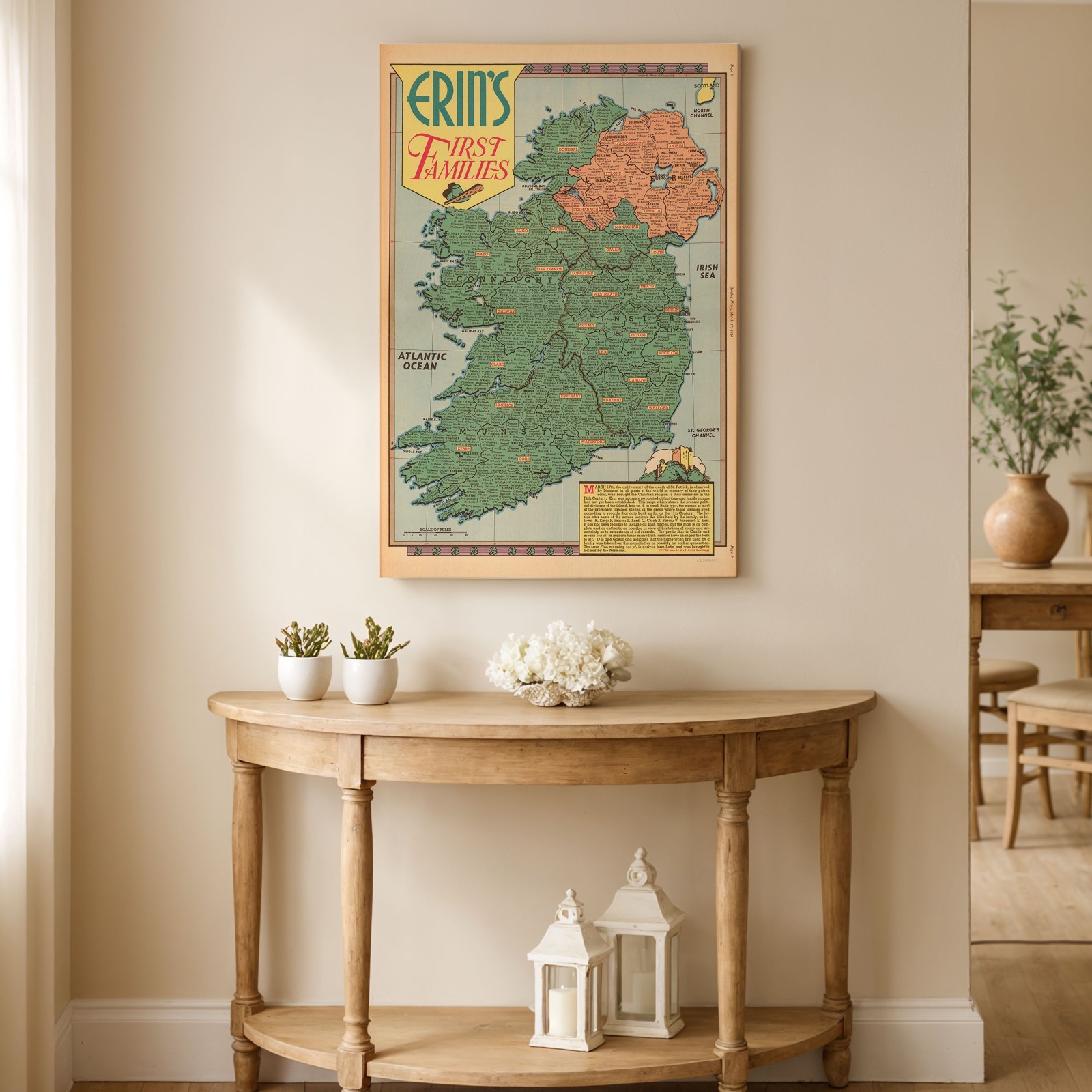 Erin’s First Families Ireland Vintage Genealogy Map Irish Surnames Illustration