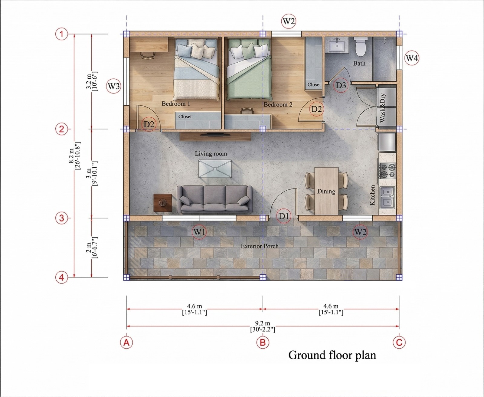 30×27 Feet Small House 9×8 Meter 2 Beds 1 Bath Shed Roof PDF, Cad &A4 Hard Copy