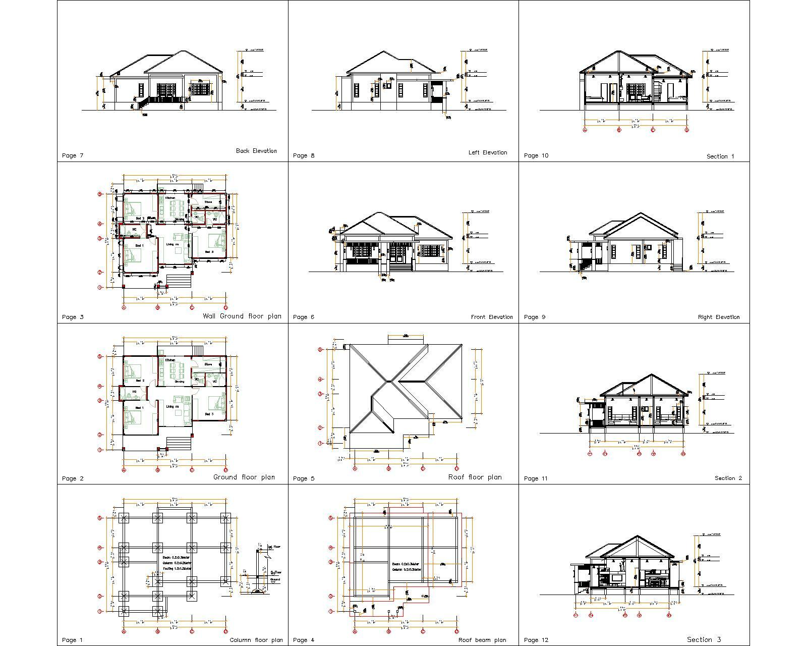 One Story House Plans 12×11 Meter 39×36 Feet 3 Beds Hip Roof (A4 Hard Copy)