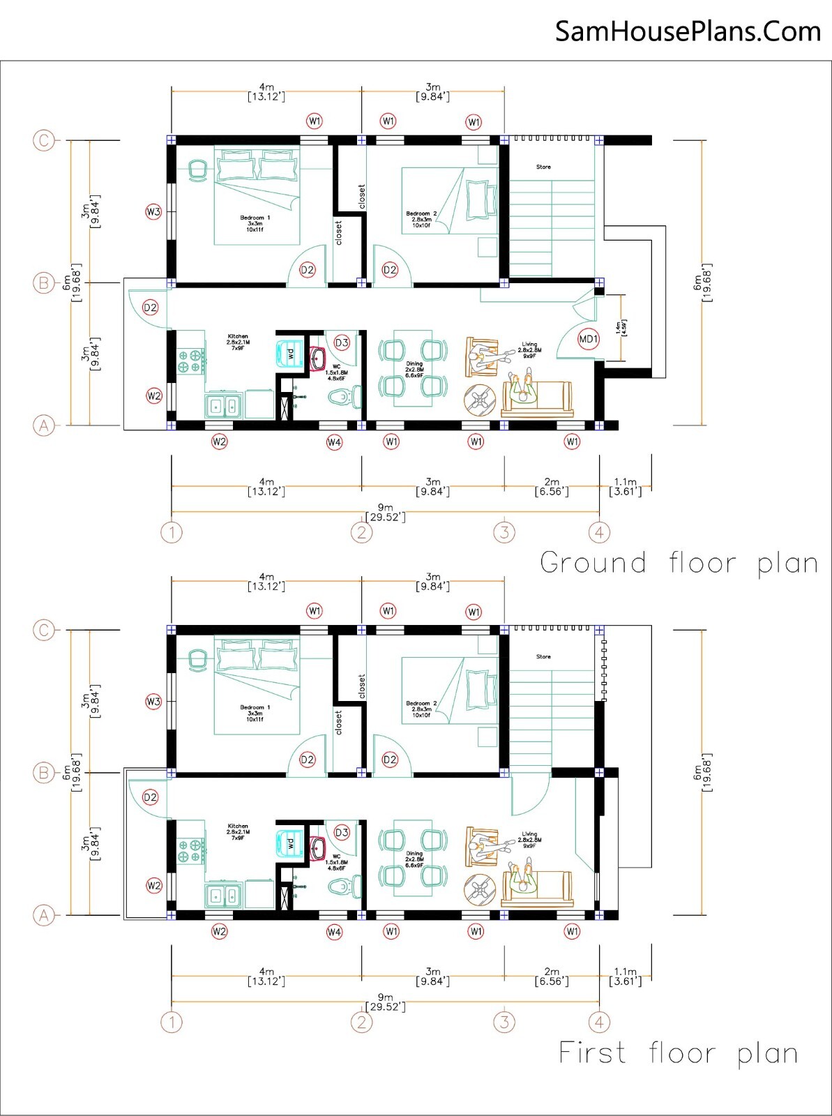 20×30 Duplex House Plan 6×9 Meter 2 Beds 1 Bath Each Floor PDF & A4 Hard Copy