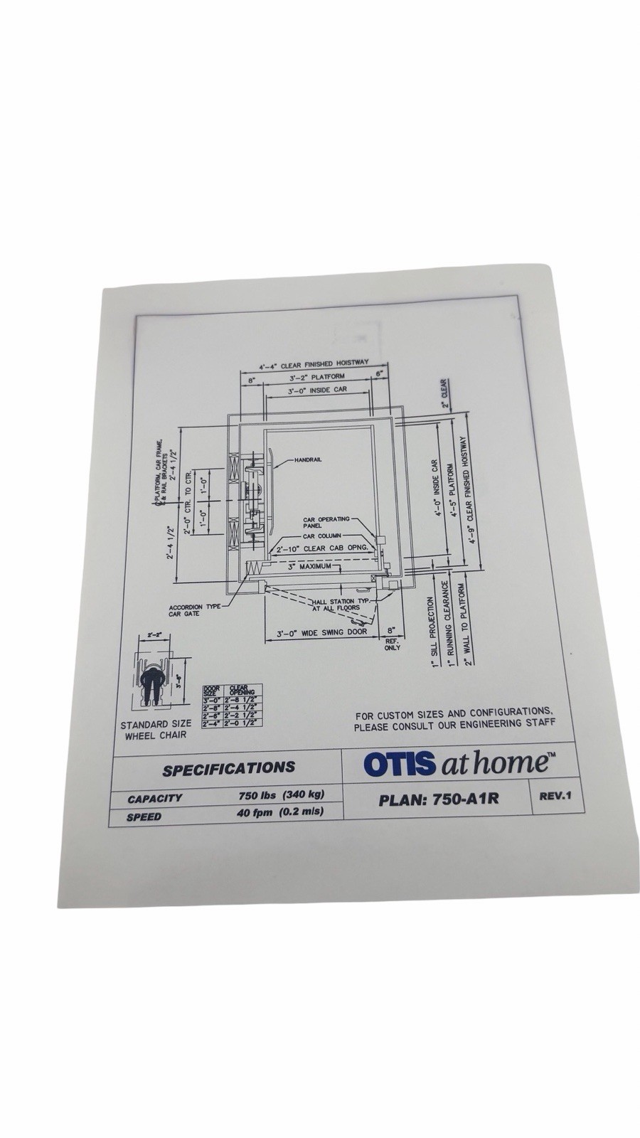 Home Elevator Blueprint Spec Sheet Lot Plan 750-A1R Engineering Drawings