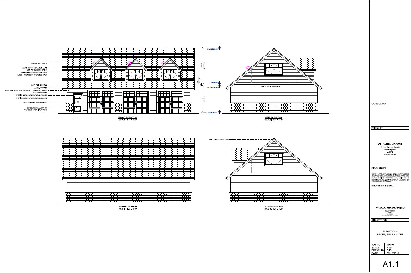 Triple Car / 3 Car Garage Plan / Architectural Blueprints – 43 x 30