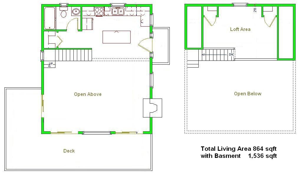 24×28 Cabin w/Loft & Basement Plans Package, Blueprints, Material List