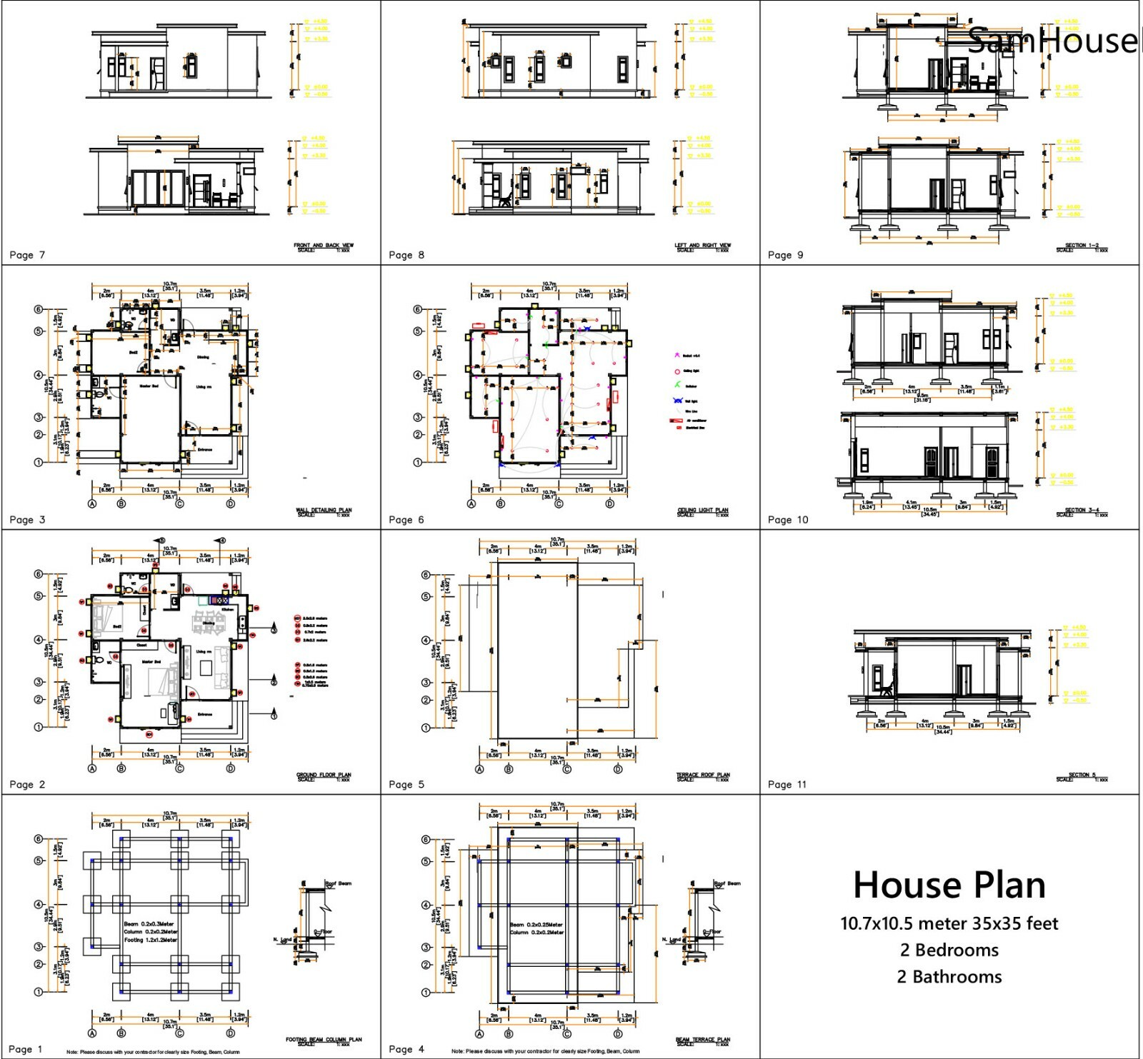 35×35 Feet House Plans 10.7×10.5 Meter 2 Beds 2 Baths Flat PDF (A4 Hard Copy)