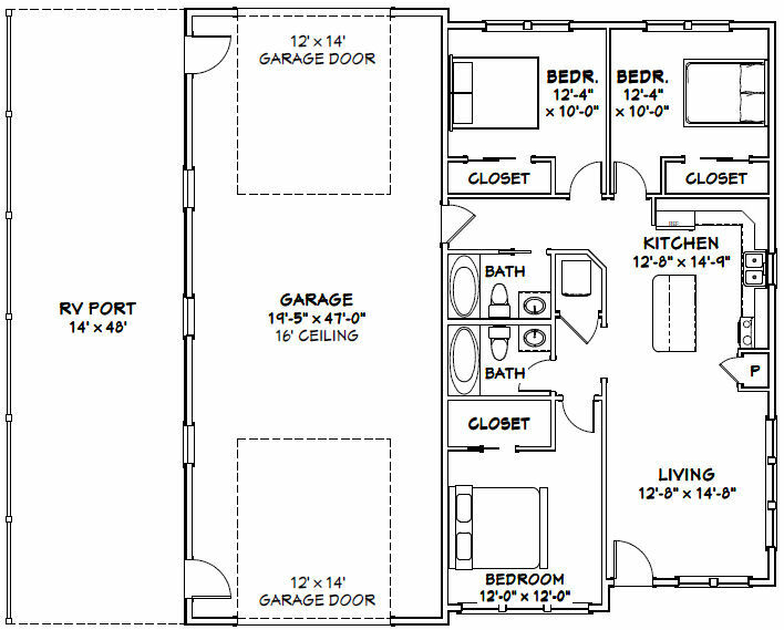 46×48 House – 3 Bedroom 2 Bath 1 RV – 1,157 sqft – PDF Floor Plan – Model 3