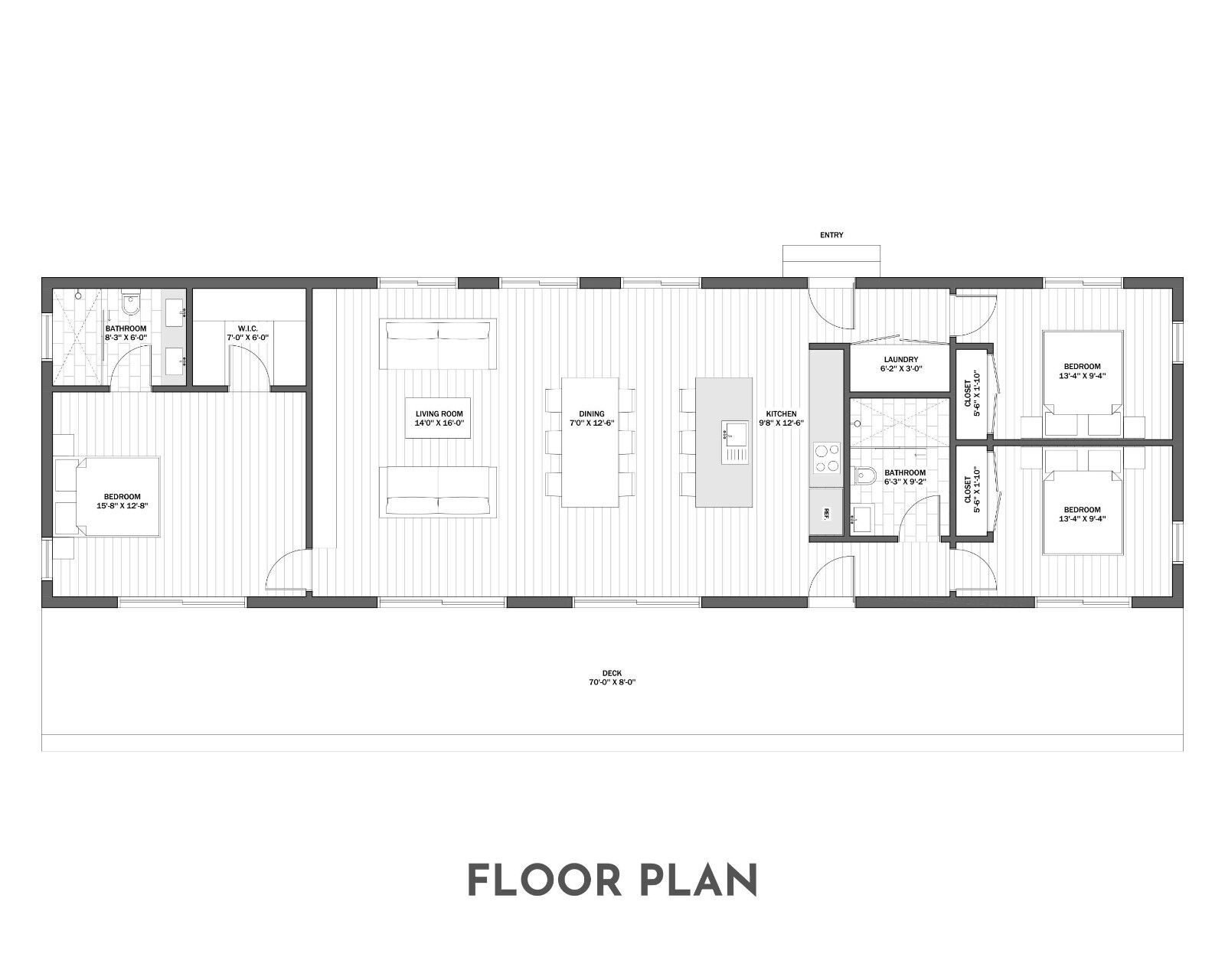 Modern Cabin House, 20′ x 70′, 1400 Sq Ft, 3 Bed 2 Bath, Architectural Plans