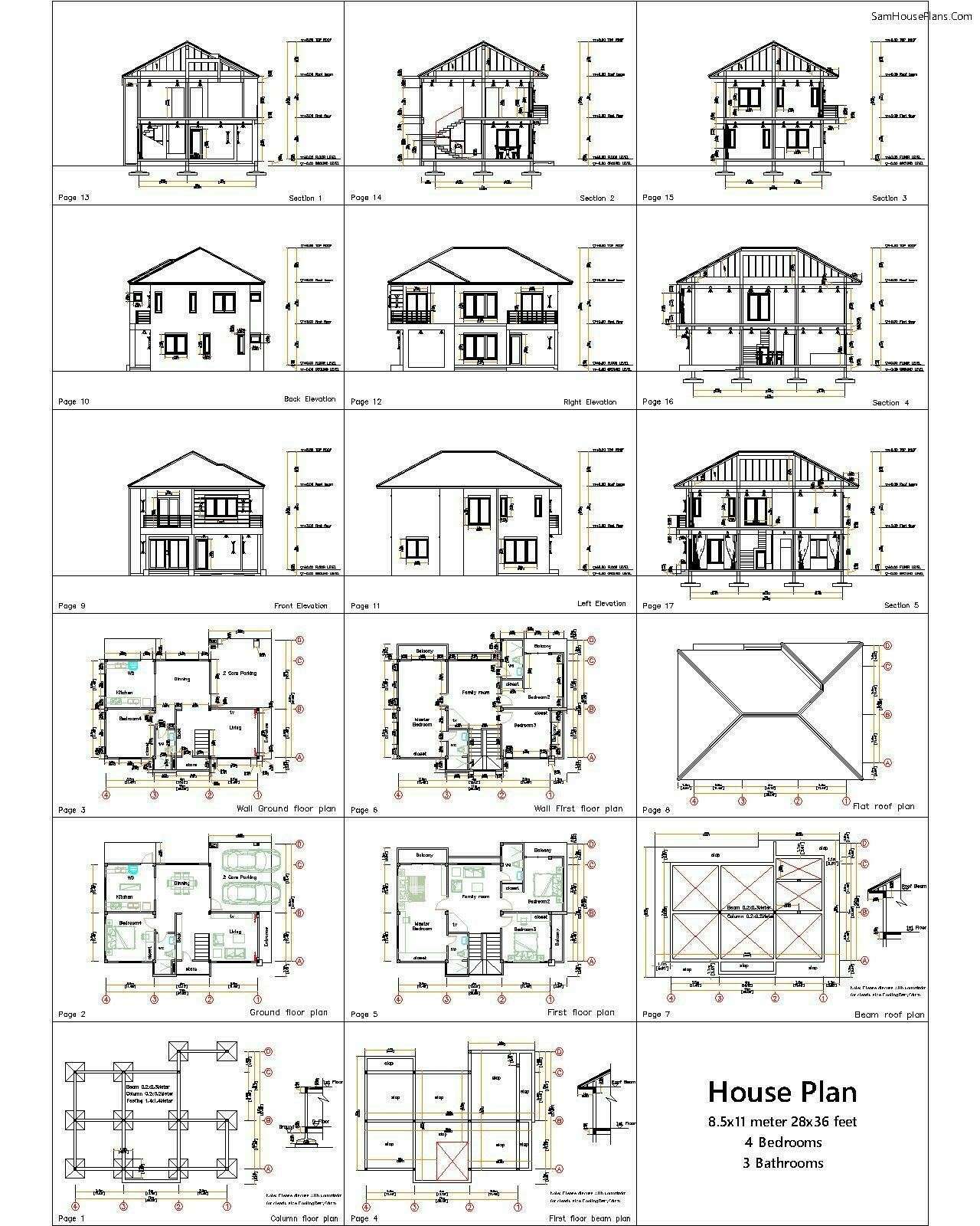 28×36 Feet House Design Plans 8.5×11 Meter 4 Beds 3 Bath Hip Roof (A4 Hard Copy)
