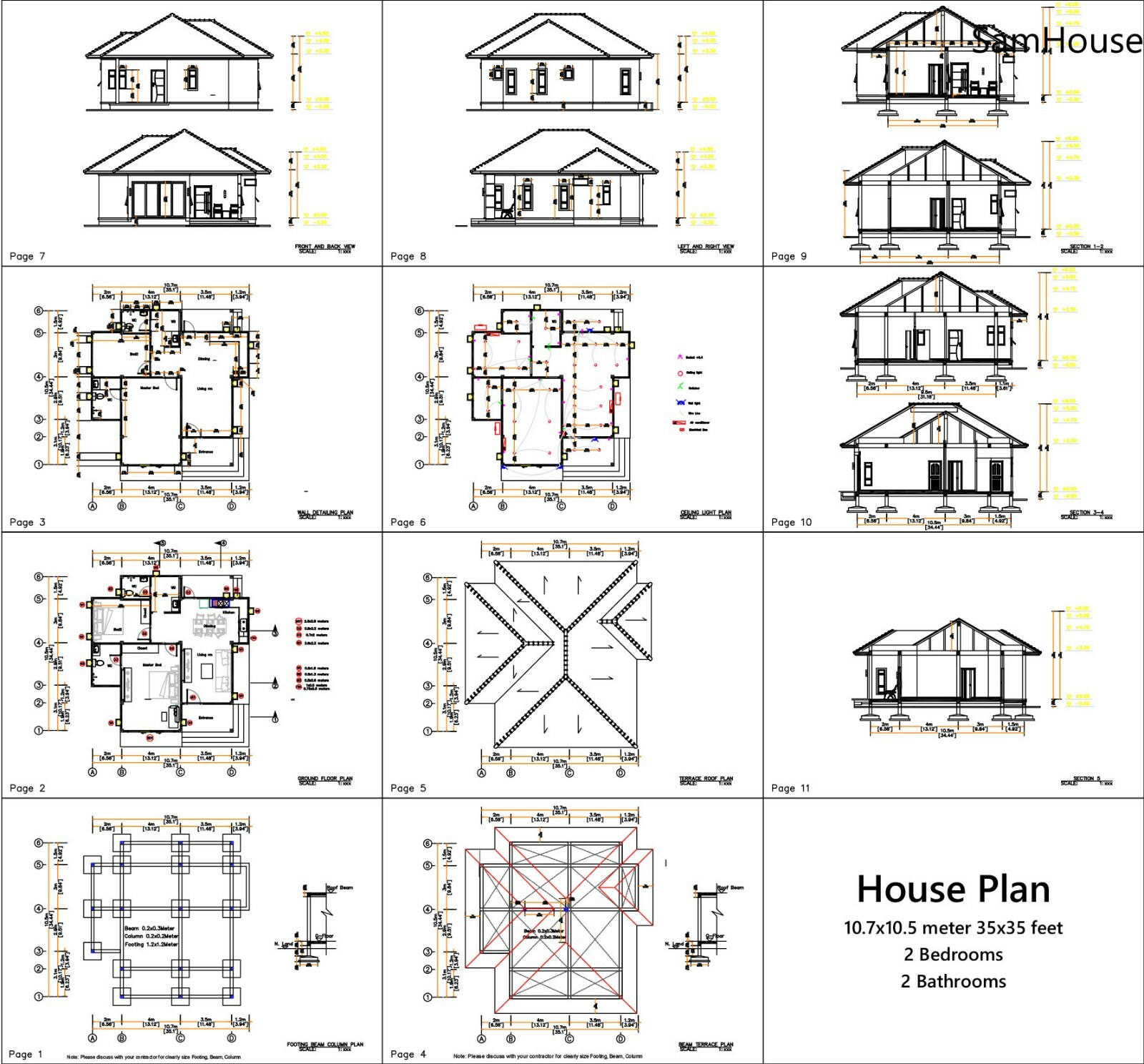 35×35 Feet House Plan 10.7×10.5 Meter 2 Beds 2 Baths Hip roof PDF (A4 Hard Copy)
