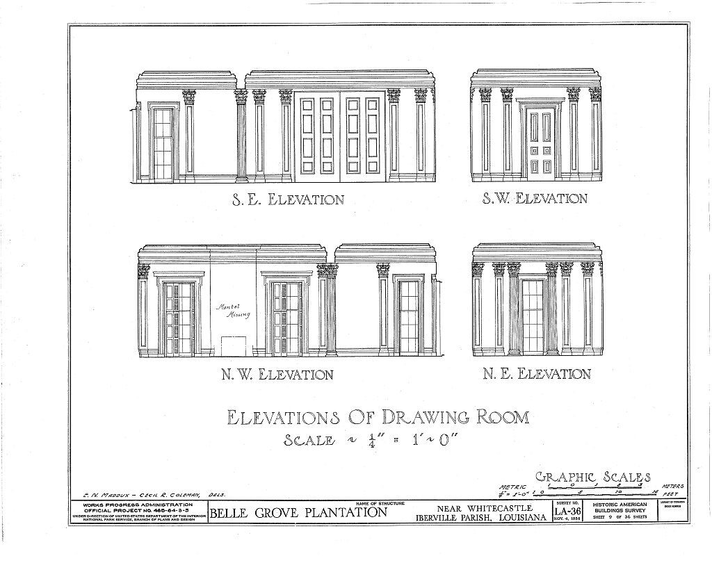 Architectural House Plans, Belle Grove Plantation, southern style mansion