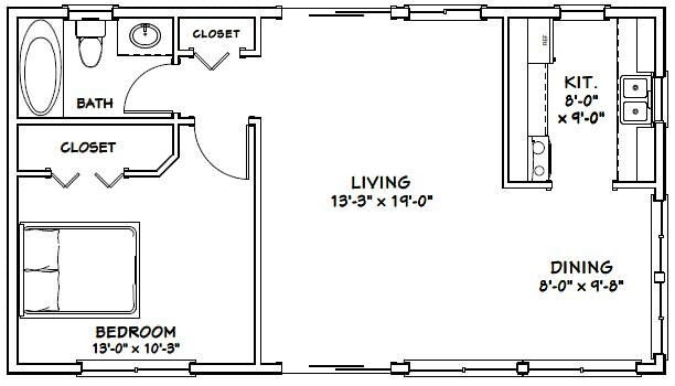 36×20 House — 1 Bedroom 1 Bath — 720 sq ft — PDF Floor Plan — Model 1A
