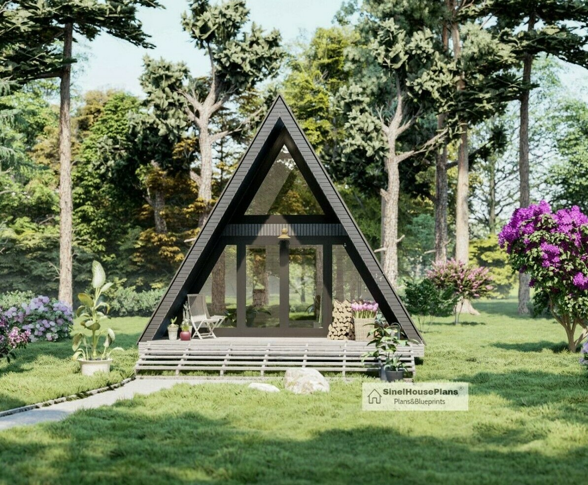 A-Frame Cabin two Story Cottage Plans,20’x26′ Triangular house Building Drawings