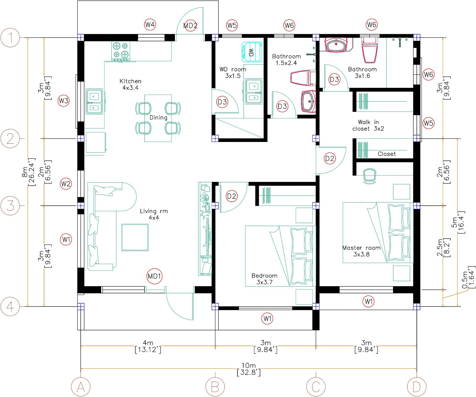 33×27 Feet Small House Plan 10×8 Meter 2 Beds 2 Baths Shed Roof (A4 Hard Copy)