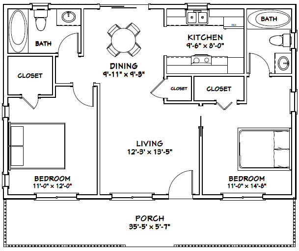 36×24 House — 2 Bedroom 2 Bath — 864 sq ft — PDF Floor Plan — Model 3A