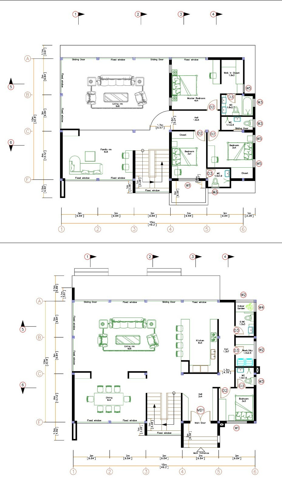49×33 Feet House Design Plan 15×10 Meter 4 Beds PDF Full Plan (A4 Hard Copy)