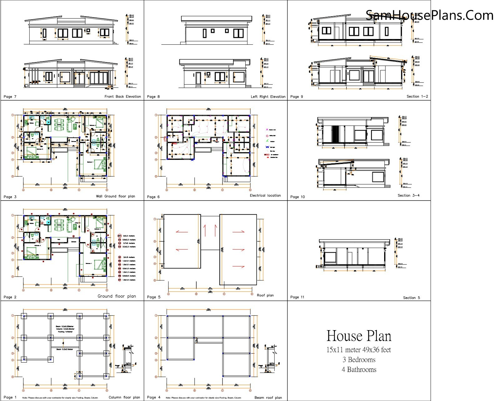 49×36 Modern Home Plan 15×11 Meter 3 Bedrooms PDF Full Plans (A4 Hard Copy)