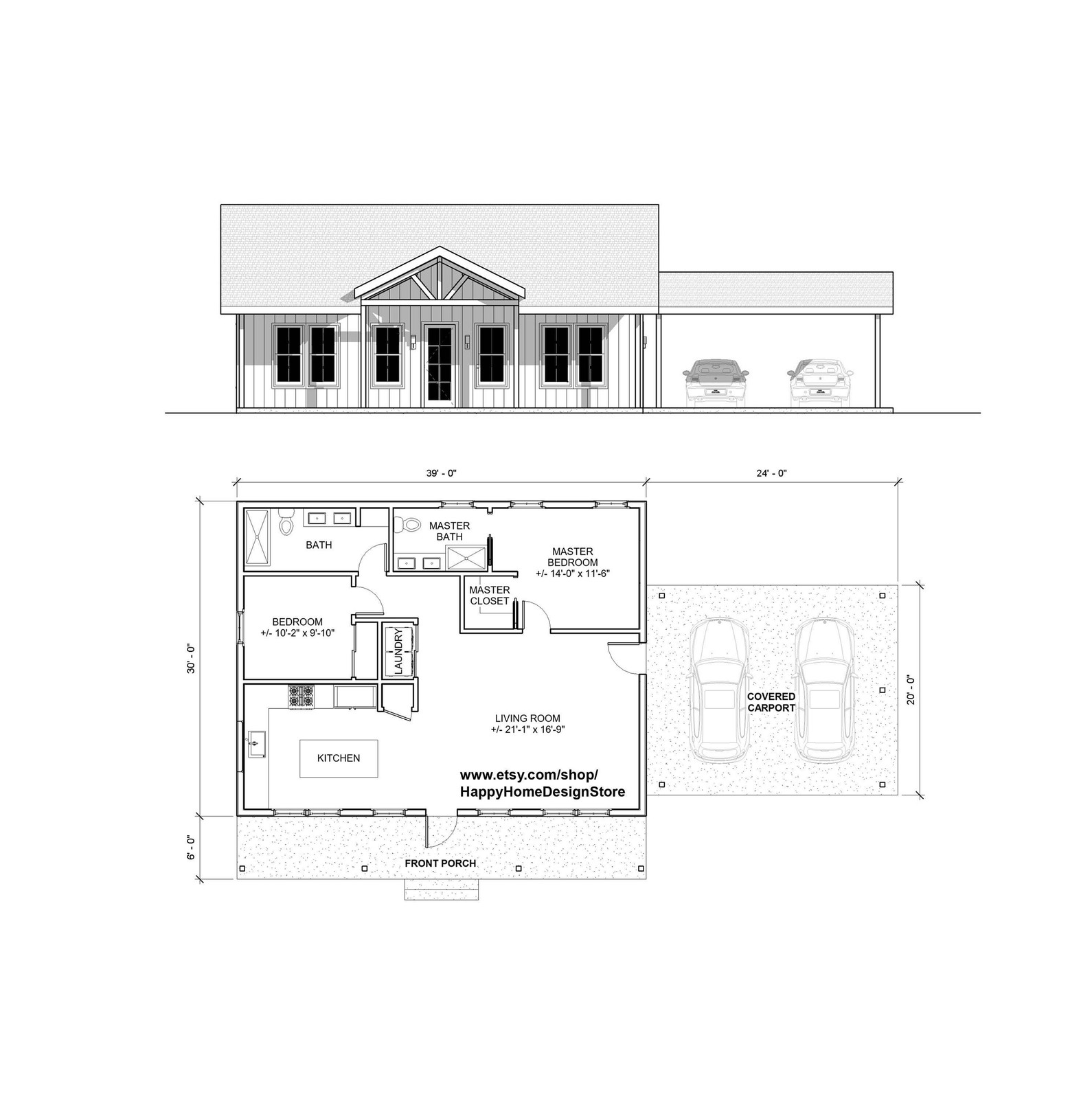 Classic Compact Barndominium 2 car carport – 2 bed 2 bath (39’x30′) 1170 SF Cust