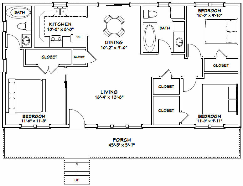 46×24 House – 3 Bedroom 2 Bath – 1,104 sqft – PDF Floor Plan – Model 1E