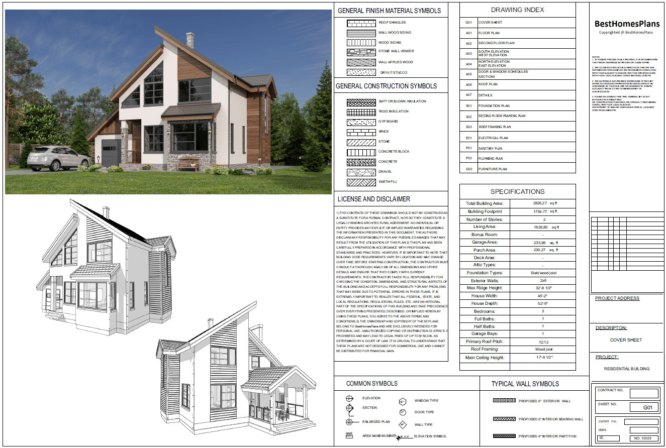 45’x52’ 3 Bed, 2 Bath Modern Cottage Architectural Build Plans PDF Download.