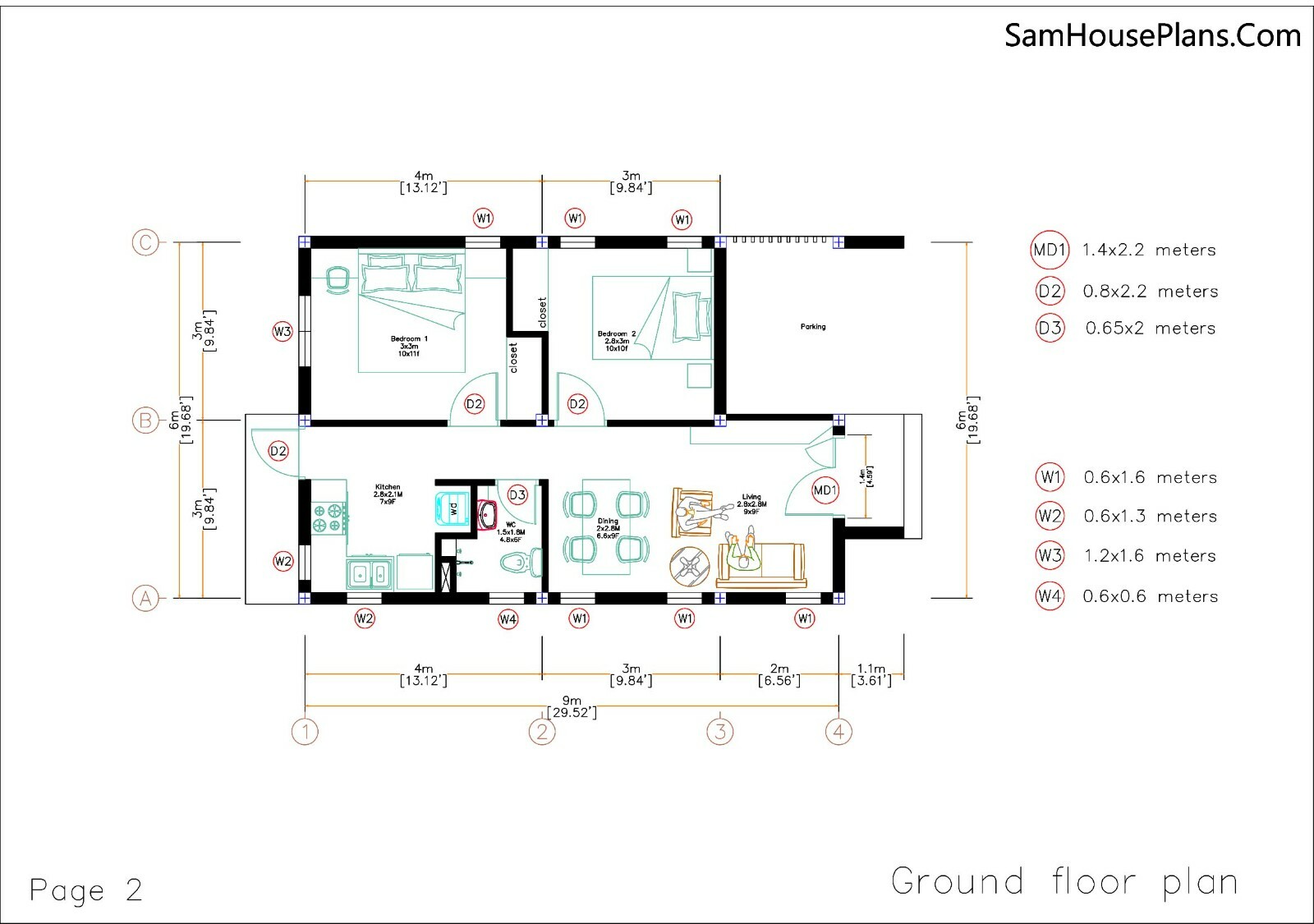 Custom Small House Design 6×9 Meter 2 Beds 1 Bath 20×30 Feet Hip (A4 Hard Copy)