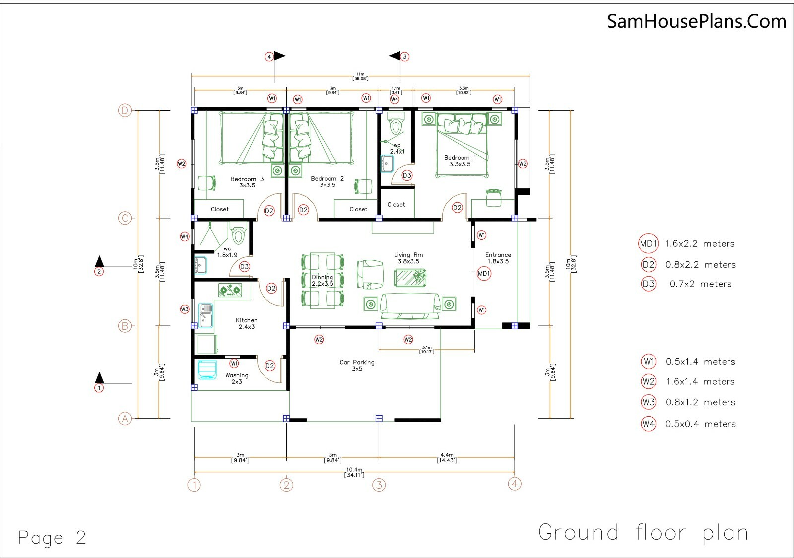 Small House Plan 10×11 Meter 33×36 Feet 3 Beds 2 Baths Terrace (A4 Hard Copy)