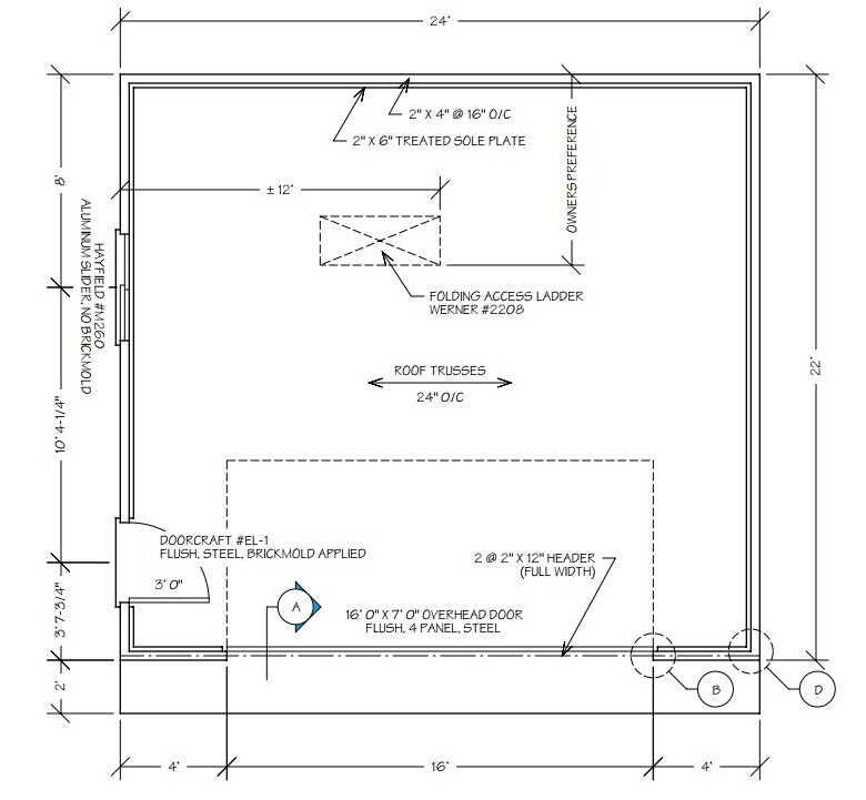 2 Car Garage Plans ,One Story 22 x 24 garage Building Blueprints
