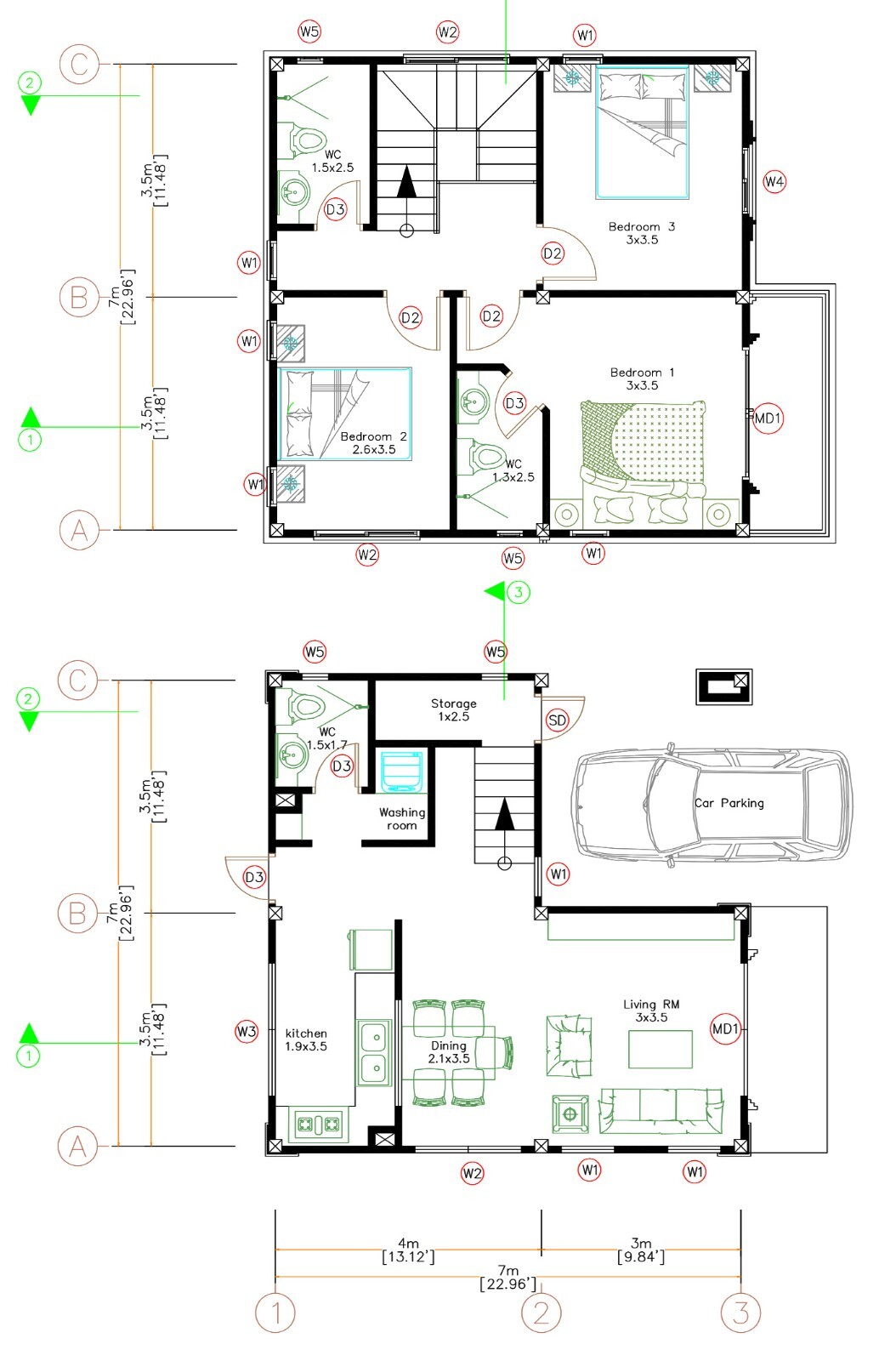 23×23 Feet House Plan 7×7 Meter 3 Bed 3 Bath Shed Roof PDF Plan (A4 Hard Copy)