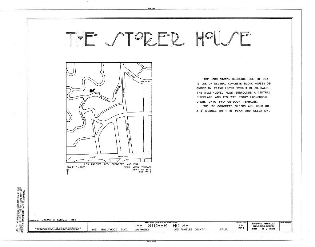 Frank Lloyd Wright, Storer House, California concrete block home, PRINTED PLANS