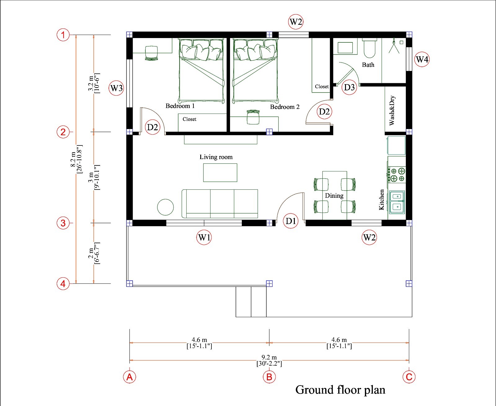 30×27 Feet Small House 9×8 Meter 2 Beds 1 Bath Shed Roof PDF, Cad &A4 Hard Copy
