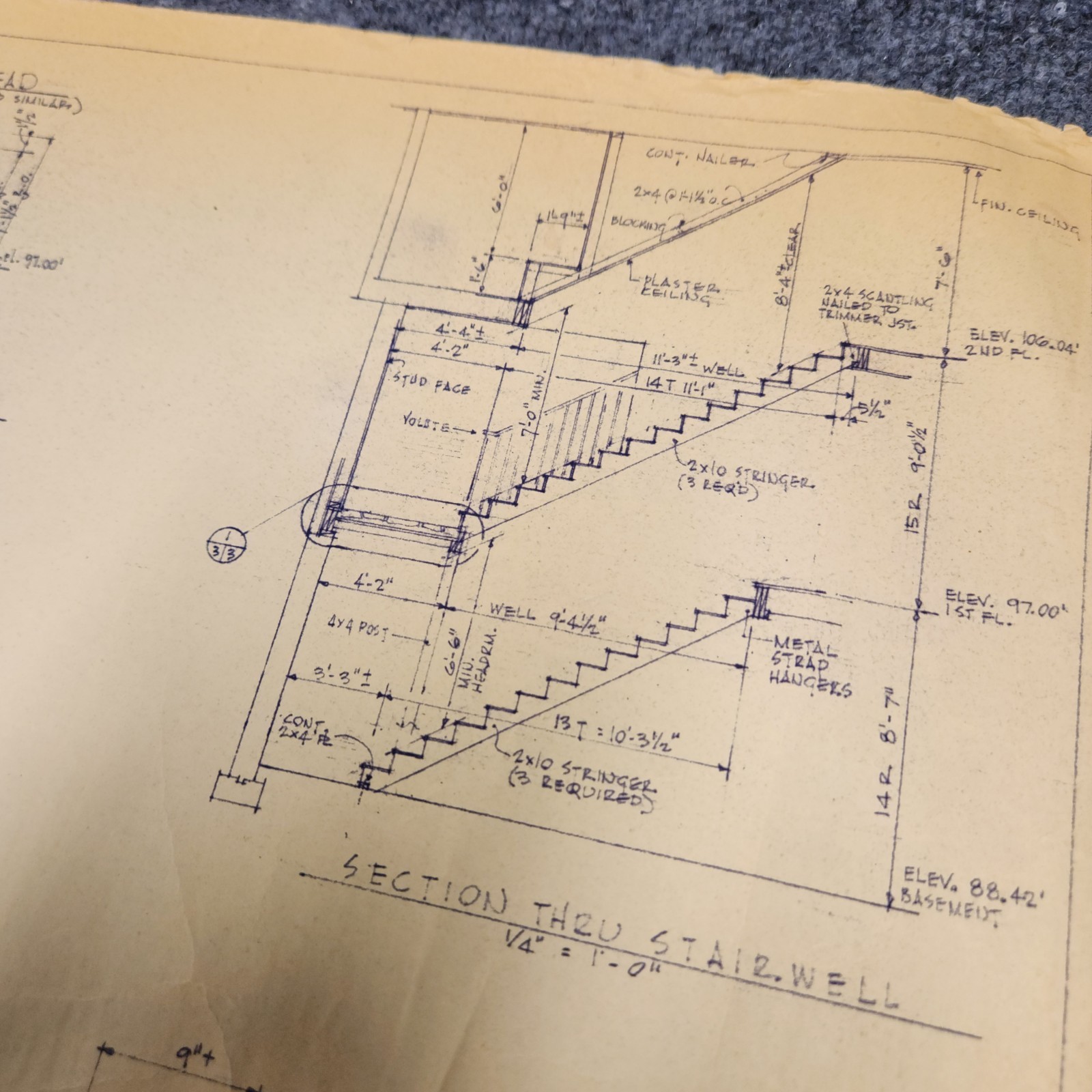 Vintage House Blueprint 33×17 1964 Mid Century Modern Drawing Art Glen Ellyn IL