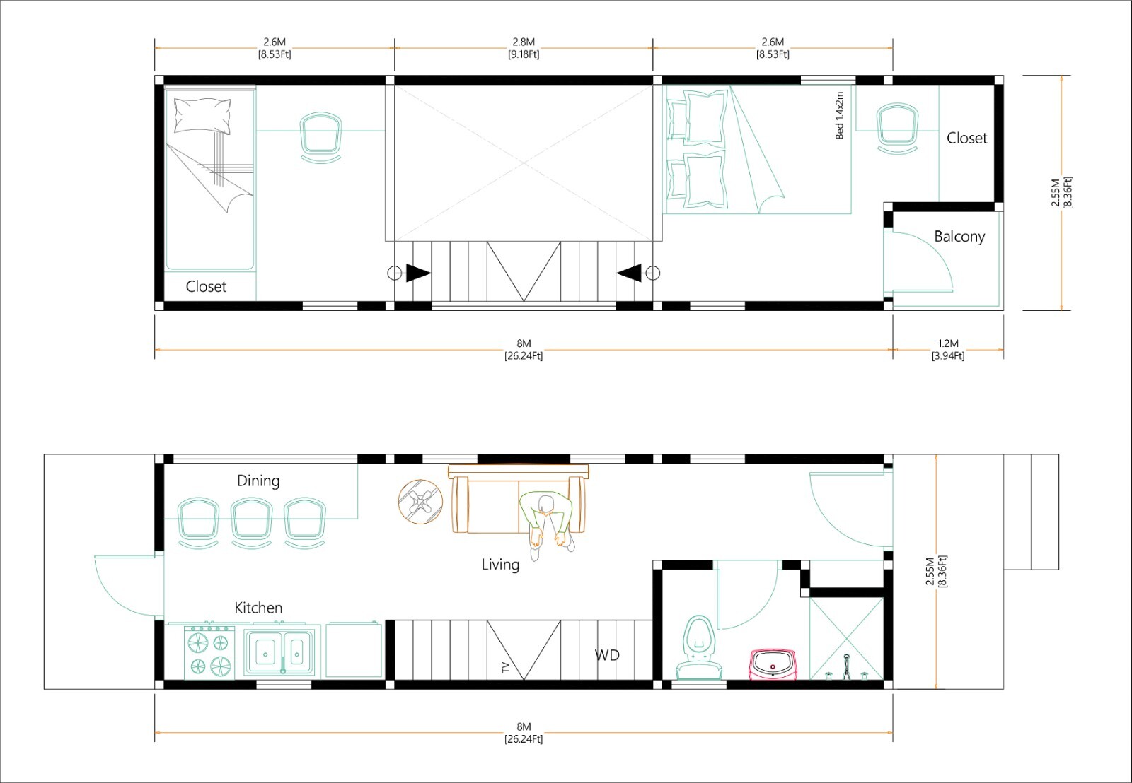 8×26 Feet Tiny House Plans 2.5×8 Meter 2 Beds Shed Roof Full Plan (A4 Hard Copy)