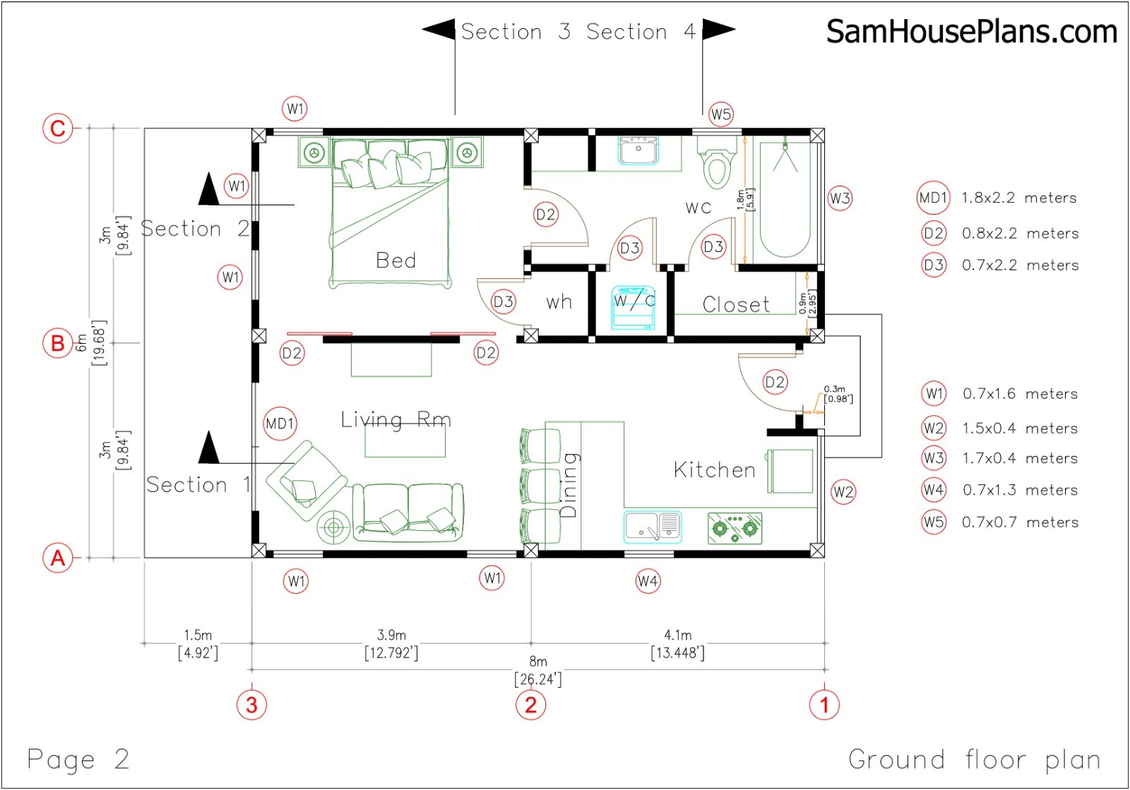 20×26 Feet Tiny House Plans 6×8 Meter 1 Bed 1 Bath Hip Roof (A4 Hard Copy)
