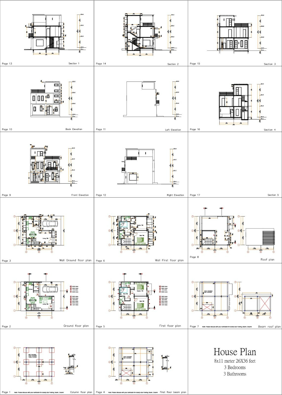 26×36 Feet Small House Plan 8×11 Meter 3 Beds 3 Baths Terrace Roof A4 Hard Copy