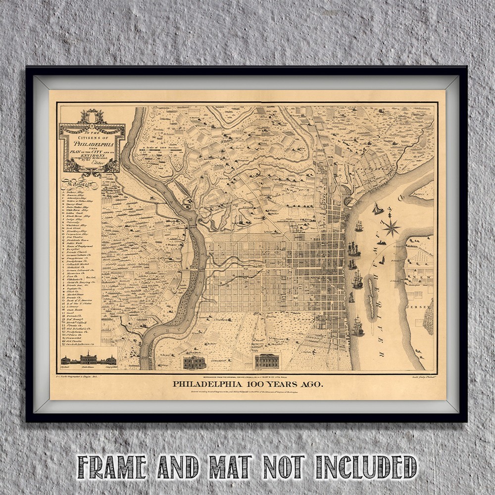 Philadelphia 100 Years Ago 1875 Vintage City Map Historical Wall Art Print