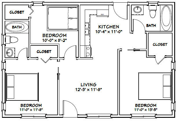 36×24 House — 3 Bedroom 2 Bath — 864 sq ft — PDF Floor Plan — Model 5