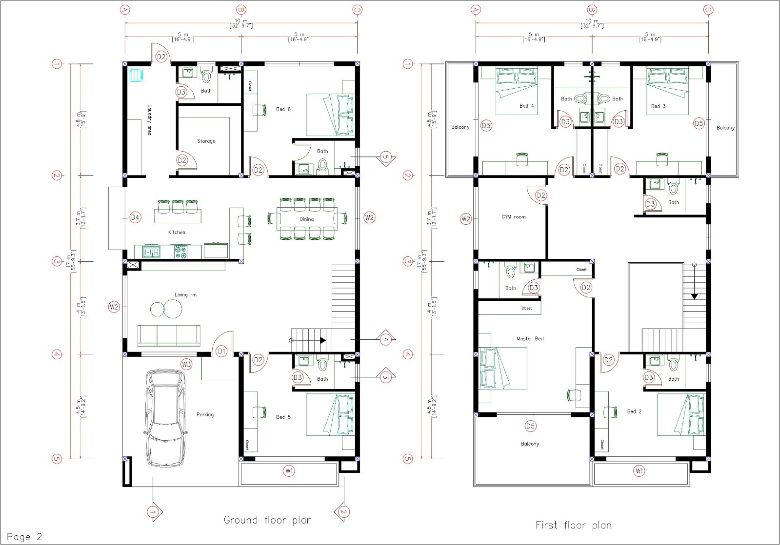 33X56 House Design Plans 10×17 Meter 6 Bed 8 Bath Flat Roof PDF & A4 Hard Copy