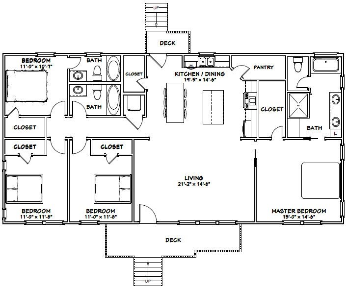 60×30 House — 4 bedroom 3 Bath — 1,800 sqft — PDF Floor Plan — Model 4