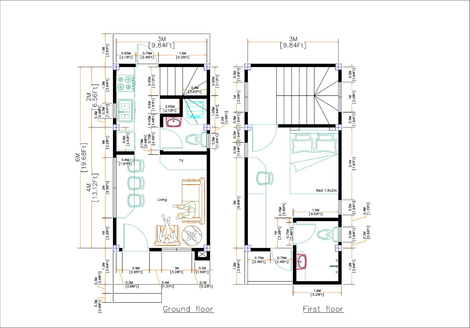 10×20 Feet Small House 3×6 Meter 1 Bed 2 Baths Shed Roof PDF Plan (A4 Hard Copy)