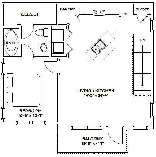 30×24 House — 1 Bedroom 1.5 Bath — 1,029 sq ft — PDF Floor Plan — Model 7A
