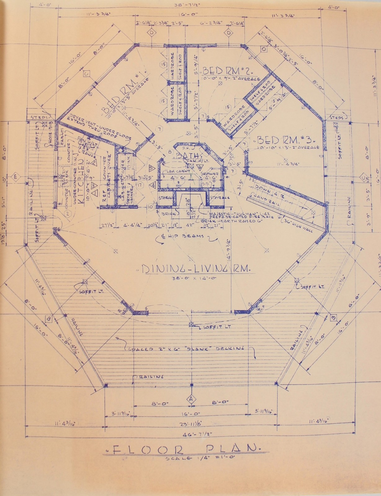 OCTAGON HOUSE PLANS Vintage 1950s Blueline Blueprint Set Mid-Century Modern Rare
