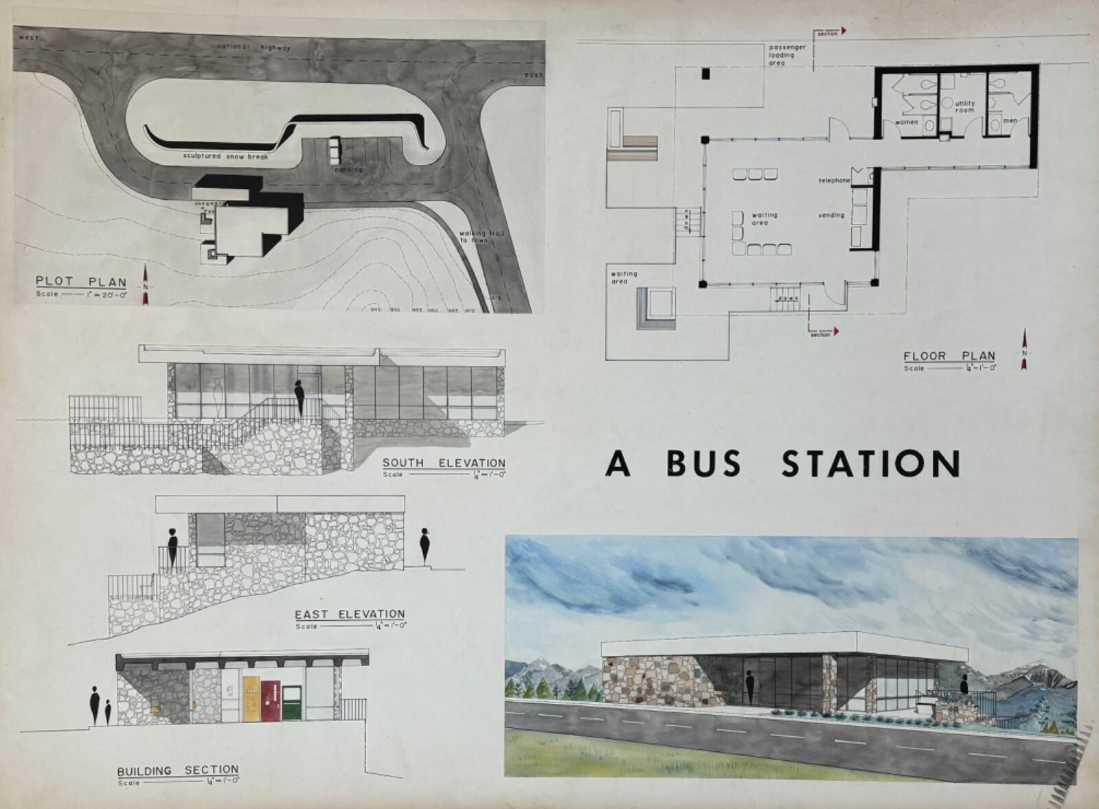 Vintage 1970s Bus Station Building Architectural Rendering Plans Blue Prints