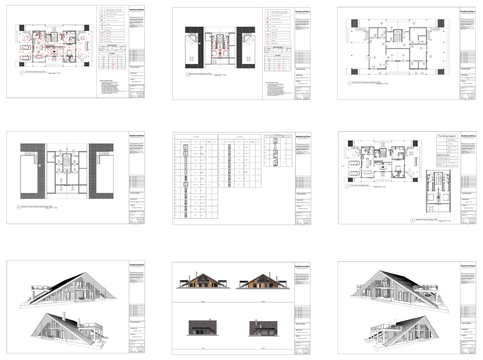 100’x54’ 4-Beds 4-Baths Charming A-Frame Architectural Build Plans PDF Download