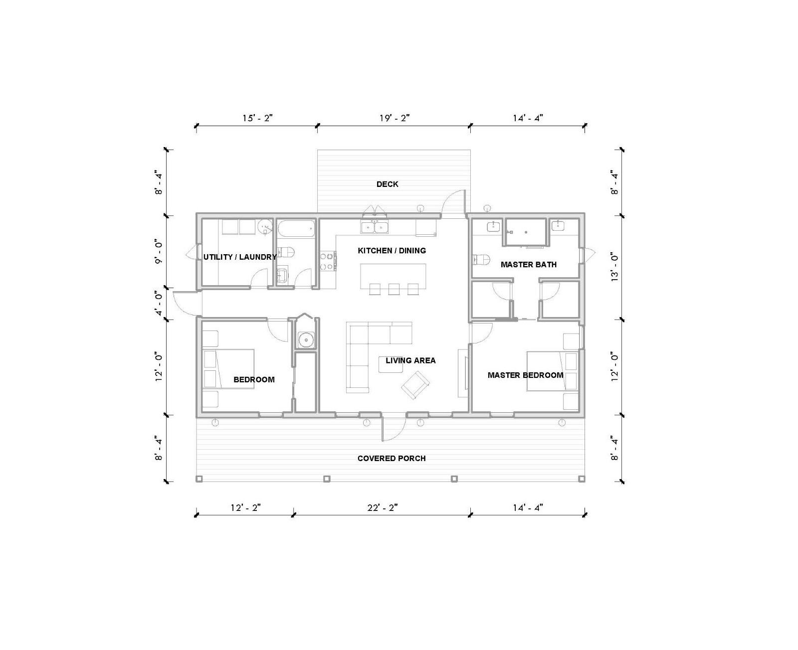 Barndominium, 2 Bedroom 2 Bath 1200 sq ft Floor Plan, 25’x48 | PDF DOWNLOAD