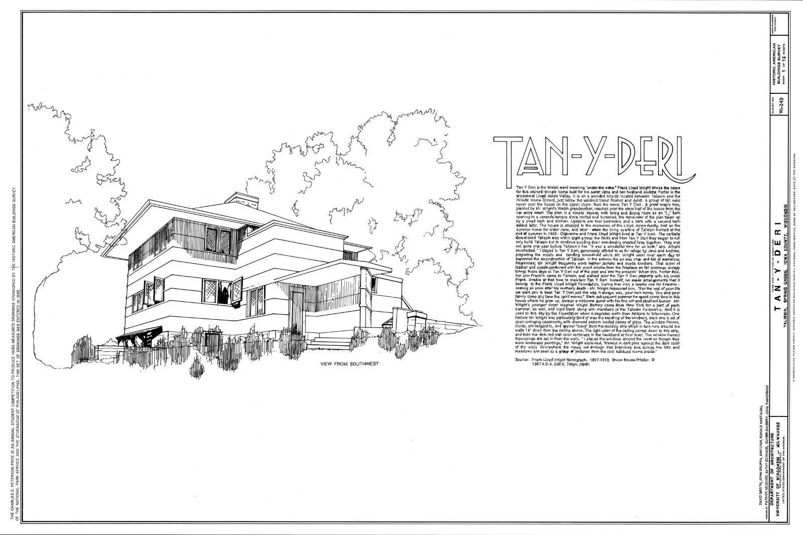 4 bedroom open plan home by Frank Lloyd Wright, printed architectural drawings