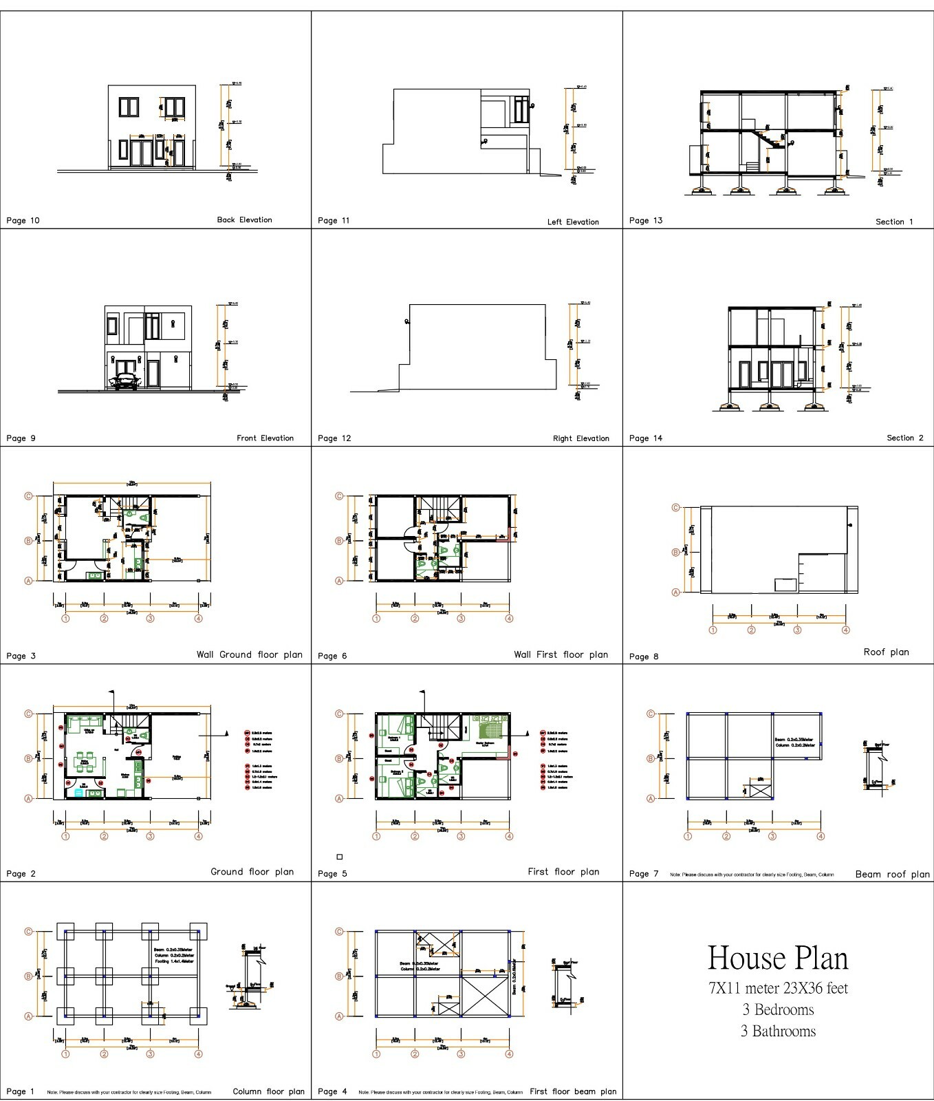 23×36 Feet House Plans 7×13 Meter 3 Beds 3 Baths Flat Roof PDF (A4 Hard Copy)