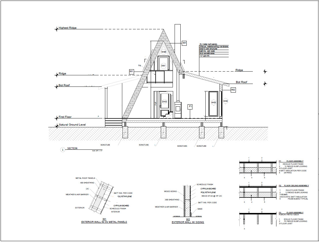 30’x47’ 2 Beds, 1 Bath A-Frame Cabin Architectural Build Plans PDF Download.