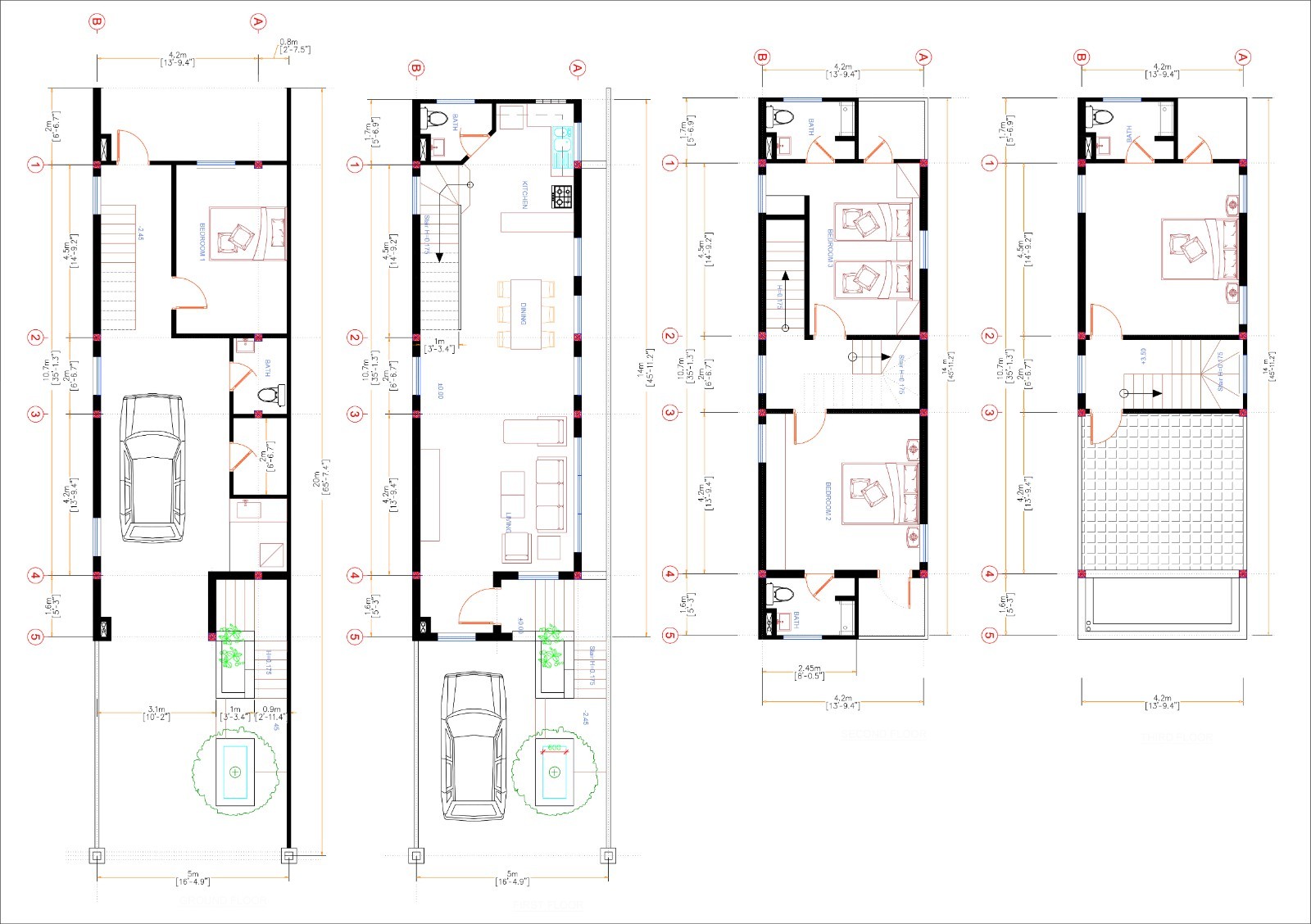 14×45 Feet Small House 4.2×14 Meter 4 Beds 5 Baths Shed Roof PDF + A4 Hard Copy